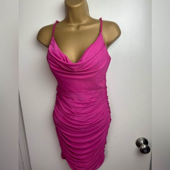 Hello Molly Hot Pink Adjustable Spaghetti Strap Mesh Overlay Ruched Mini Dress 8 - Picture 3 of 15
